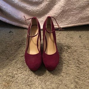 Burgundy Suede Ankle Strap Wedges